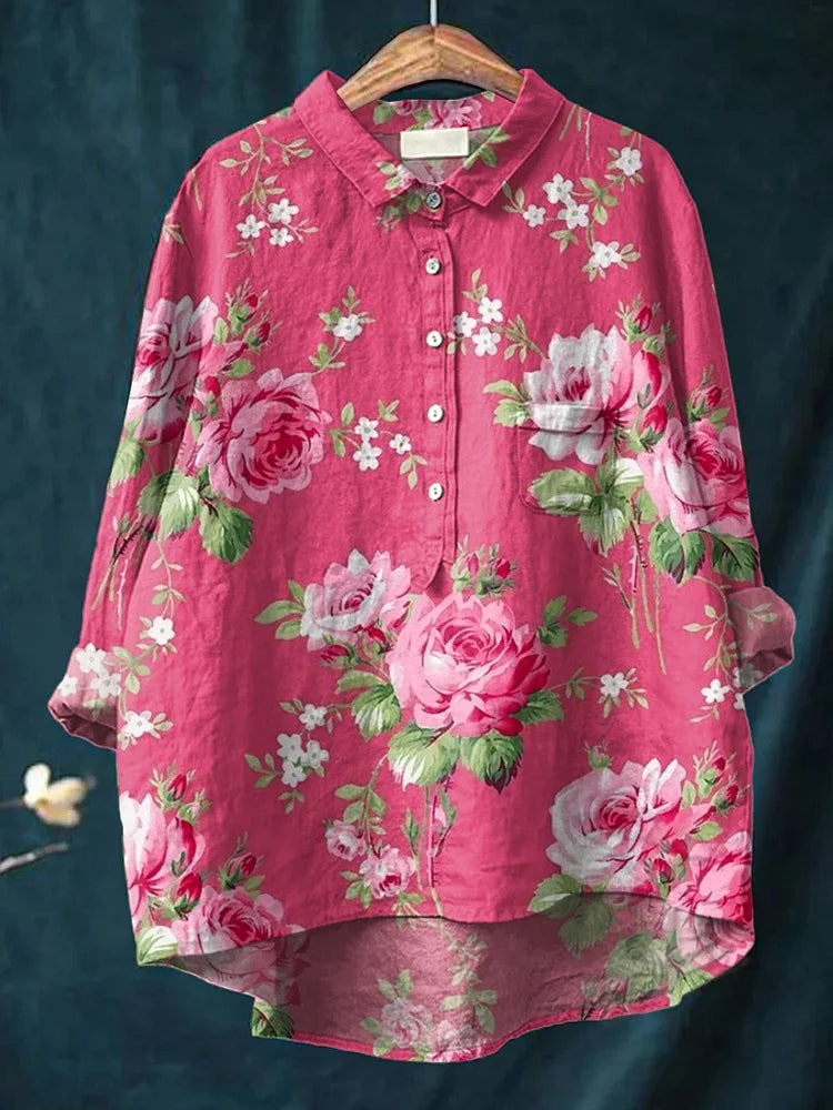 Abigail® | Women's Rose Floral Cotton Linen Shirt